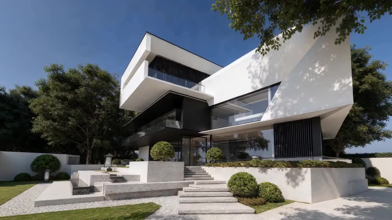 白色现代私邸建筑，通透玻璃与庭院